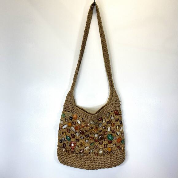Cappelli Straworld Beaded Stones Shoulder Bag Boho Vintage Woven Straw Raffia - Picture 1 of 7